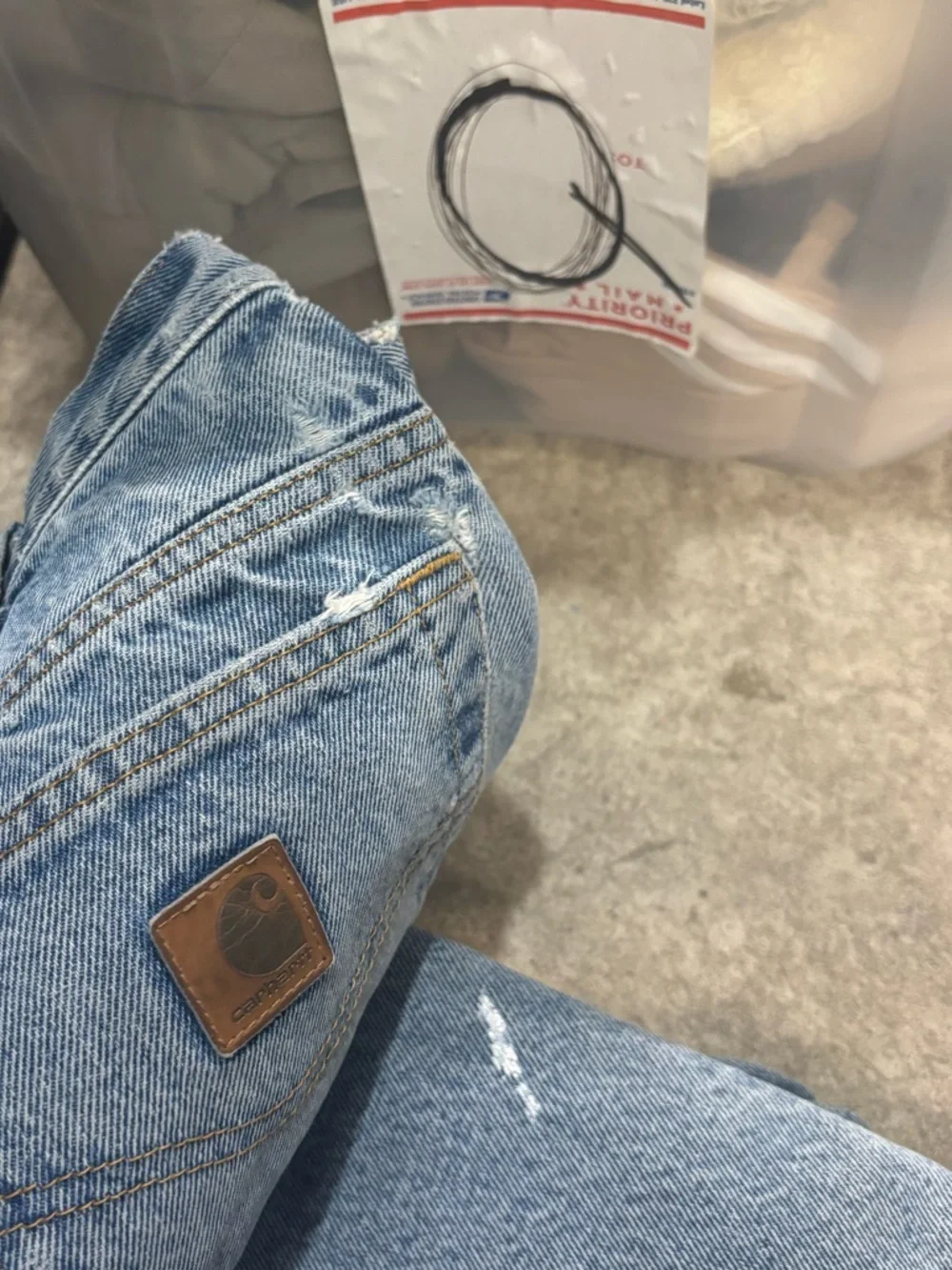 Carhartt 33x30 fleece lined Light Blue Straight Leg Jeans workwear distressed